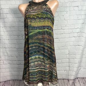 Multicolor Chiffon Beaded Halter Neck Dress Size 8 in Peacock colors